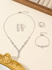 Juego de joyería de 5 piezas chapado en oro de 14K para mujeres, incluye collar, aretes, pulsera, anillo, diseño de gota, adecuado para novia, boda, fiesta, celebración, regalo para amigos