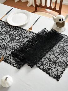 1pc Black Spiderweb Lace Table Runner, Square Black Polyester Halloween Atmosphere Table Scarf, Suitable For Halloween Party And Home Holiday Decor Halloween Party
