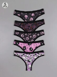 Dircho 5 piezas de sexys y lindos tangas góticos de encaje con contrastes, ropa interior y lencería de mujer cómoda y sedosa con estampado por todo el diseño de ojos, calaveras y estrellas en colores rosa, rojo y negro para Halloween