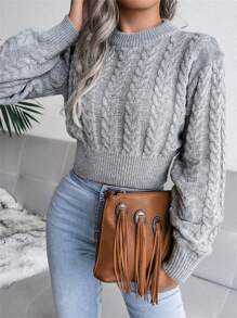 Women's Casual Crew Neck Twisted Waist Long Sleeve Cropped Knitted Sweater, Autumn Winter - 灰色 - 查看 5