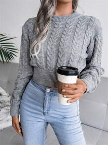 Women's Casual Crew Neck Twisted Waist Long Sleeve Cropped Knitted Sweater, Autumn Winter - 灰色 - 查看 6