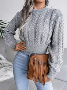 Women's Casual Crew Neck Twisted Waist Long Sleeve Cropped Knitted Sweater, Autumn Winter - 灰色 - 查看 4