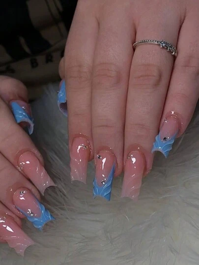 24pcs 3D Gel Nail Stickers, Square French Tip Stickers, Medium Size, Embedded With Rhinestones And Faux Pearls, Acrylic Material, Includes 1 Jelly Gel And 1 Nail File, Easy To Wear. These 3D Gel Nail Stickers Are Suitable For Women And Girls For Daily Work, Festivals, Parties, And Other Occasions. Nails Nail Supplies