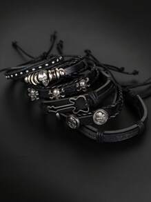 6 bucăți/set stil punk craniu gotic decor în formă de chitară accente metalice brățară cu mai multe straturi din piele PU, potrivită pentru bărbați ținute zilnice și Halloween