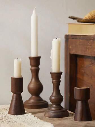 1pc/2pcs/3pcs/4pcs Vintage Rustic Copper Tone Wooden Candlestick Holders, Roman Column Design Candle Holders For Bedroom, Living Room, Tabletop Decor, Vintage Inn/Hotel Decor, Candlelight Dinner Props, Wedding Decoration, Church, Cafe, Holiday/Party Decorations