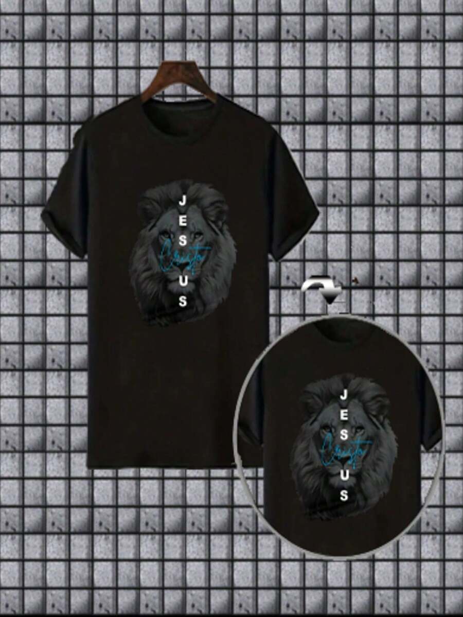 Men's T-Shirt Streetwear Lion Jesus Shirt Style Launch Premium Cotton Best-Selling - 黑色 - 查看 1
