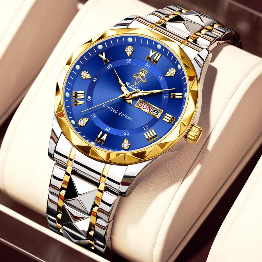 YaLaLuSi 1 pieza Reloj de muñeca de negocios de lujo para hombres con doble exhibición de calendario, efecto luminoso, banda y hebilla de acero inoxidable, resistente al agua, gran regalo para padre, novio, esposo