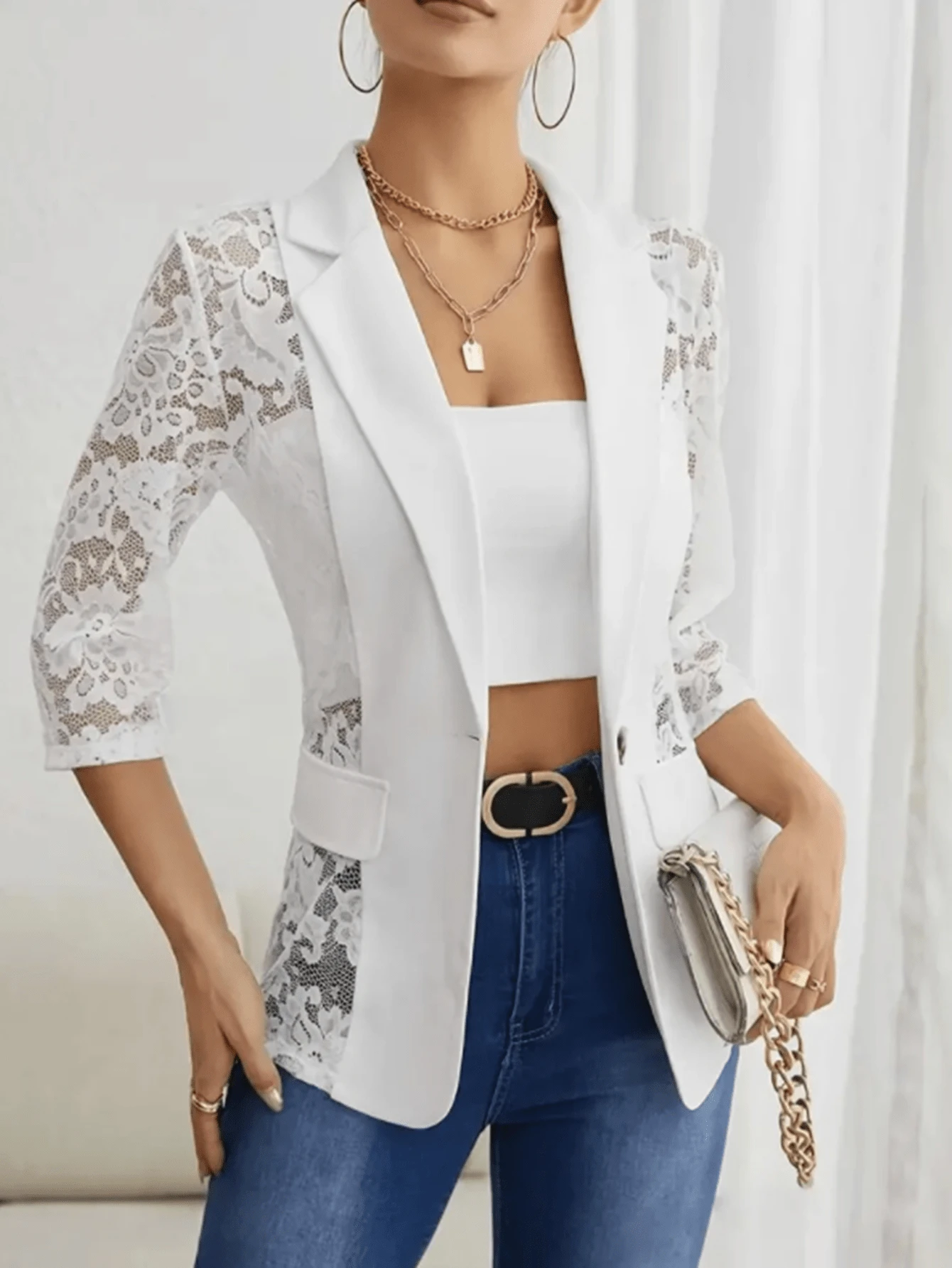 New Lace Sexy Blazer For Women - White - View 1