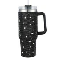 1pc 40 Oz Tumbler With Handle And Straw Lid, Studded Bling Diamond Tumbler, Stainless Steel Insulated Water Cup, Double Wall Travel Mug Fix For Car Cup Holder For Women - 黑色 - 查看 1