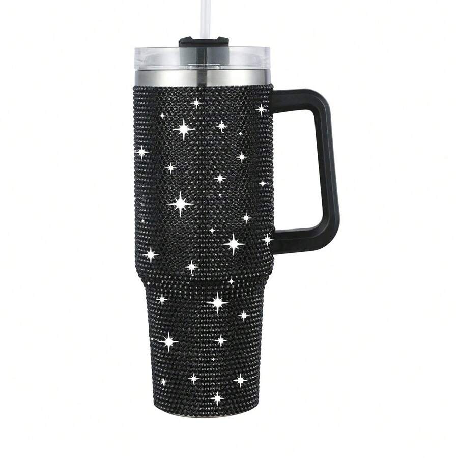 1pc 40 Oz Tumbler With Handle And Straw Lid, Studded Bling Diamond Tumbler, Stainless Steel Insulated Water Cup, Double Wall Travel Mug Fix For Car Cup Holder For Women - 黑色 - 查看 1