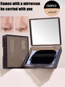 100pcs Bamboo Charcoal Oil Blotting Paper + 1pc Mirror Storage Box + 1pc Flocking Powder Puff, High-Quality Facial Cleaning Tools For Daily Use, Gym, Home, Etc. - Multicolor - View 1