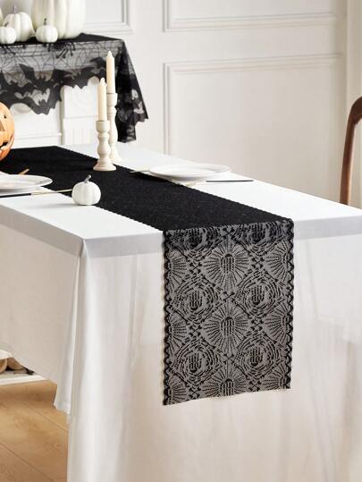 1pc Black Lace Palm Tree Design Table Runner, Polyester Square Atmosphere Tablecloth, Horror Party Bar Decoration, Suitable For And Home Holiday Decor