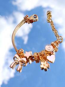 1pc Pink Bow & Heart Charm Adjustable Bracelet, Star DIY Bracelet, Ballet Style Pink Bracelet Valentines,Mom,Mother,Mother's Day,Gift - Gold - View 14