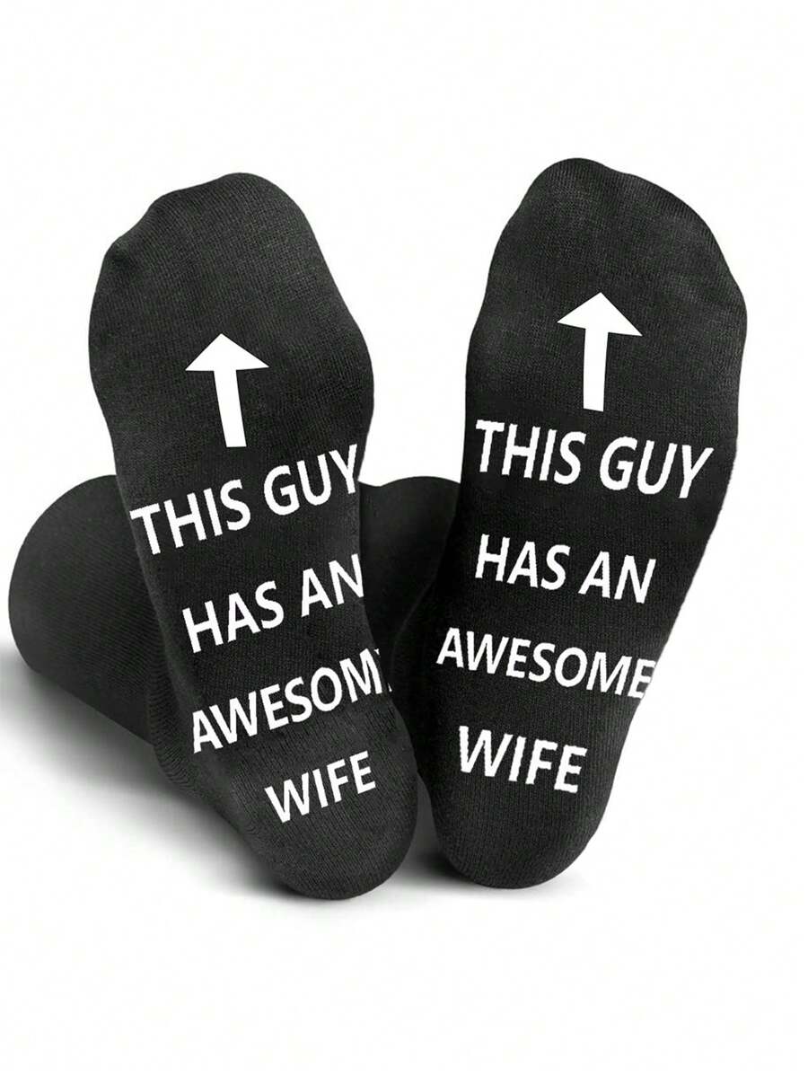 1pair Men's Socks With Letter This Guy Has An Awesome Wife, Fun Mid-Calf Anti-Slip Socks For Husband Gift, Fall - Black - View 1