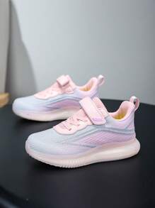 1 Pair Girls Mesh Breathable Hook And Loop Design Flat Simple Lightweight Dual Mesh Pink Low-Top Round Toe Children Athletic Shoes, Suitable For Spring And Autumn - Pink - View 3