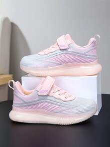 1 Pair Girls Mesh Breathable Hook And Loop Design Flat Simple Lightweight Dual Mesh Pink Low-Top Round Toe Children Athletic Shoes, Suitable For Spring And Autumn - Pink - View 5