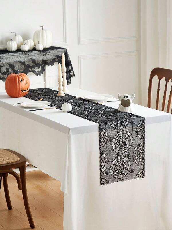 1pc Black Lace Spider Table Runner, Polyester Square Table Runner For Atmosphere, Horror Party, Bar Decoration, Suitable For Home Holiday Decoration
