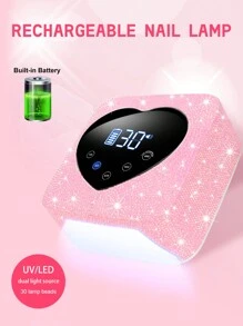 1 件装高功率无绳 UV LED 美甲灯，配备大容量电池，可快速固化和干燥凝胶指甲，30 颗珠子，5 个定时器设置，自动传感器，液晶显示屏，适合家庭、沙龙和美甲沙龙使用 - 粉色 - 查看 2