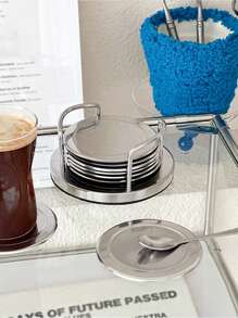 1set/7pcs Vintage Stainless Steel Coasters, Includes Coaster Holder & 6 Coasters - Multicolor - View 1