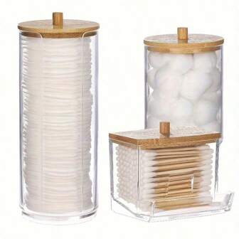 3 Pezzi Portatamponi organizzatore da scrivania per il bagno, comodo per portamatite, cotton fioc, dischetti di cotone, stuzzicadenti - Barattolo trasparente con coperchio in legno, ideale per la stanza del dormitorio