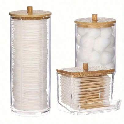 3pcs Qtip Holder Bathroom Dispenser Storage Convenient Desktop Organizer For Makeup Stick , Swab, Round Pads, Floss Picks - Clear Canister With Wood Lid, Dorm Room
