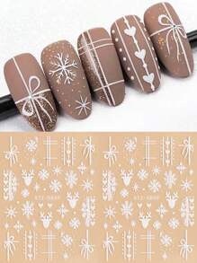 2片白色雪花美甲贴纸，蝴蝶结爱心图案，可爱卡通小鹿5D立体浮雕，优雅新年圣诞美甲装饰 - 白色 - 查看 1