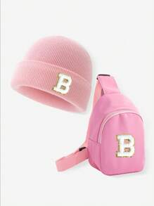 2 件/套儿童 26 字母针织帽和包包套装，温暖的女童冬帽，适合女童日常时尚搭配上学，适合生日、圣诞节、新年礼物使用 - 粉色 - 查看 4