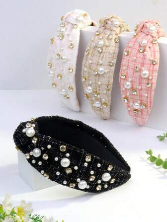 1 szt. Damska dzianinowa opaska w kratę w paski, elegancka, casualowa, z perłowymi kryształkami, jesienno-zimowa opaska do włosów