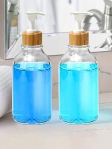 2件套塑料透明皂液器套装，带竹制泵，适用于浴室、沐浴露和乳液分配器浴室装饰夏季 - 無色 - 查看 2