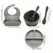 Set da 5 pezzi di stoviglie in silicone per bambini, prodotti per lo svezzamento, set di alimentazione in silicone per bambini, piatto con ventosa e scomparti, bavaglino regolabile, cucchiaio e forchetta morbidi, utensili per l'alimentazione autonoma di neonati e bambini