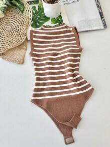Launch Striped Modal Bodysuit New Spring Summer 2025 Collection - Coffee Brown - View 1