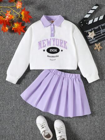 青少年女孩时尚“纽约”印花马球领长袖上衣和百褶裙套装，开学最佳礼物