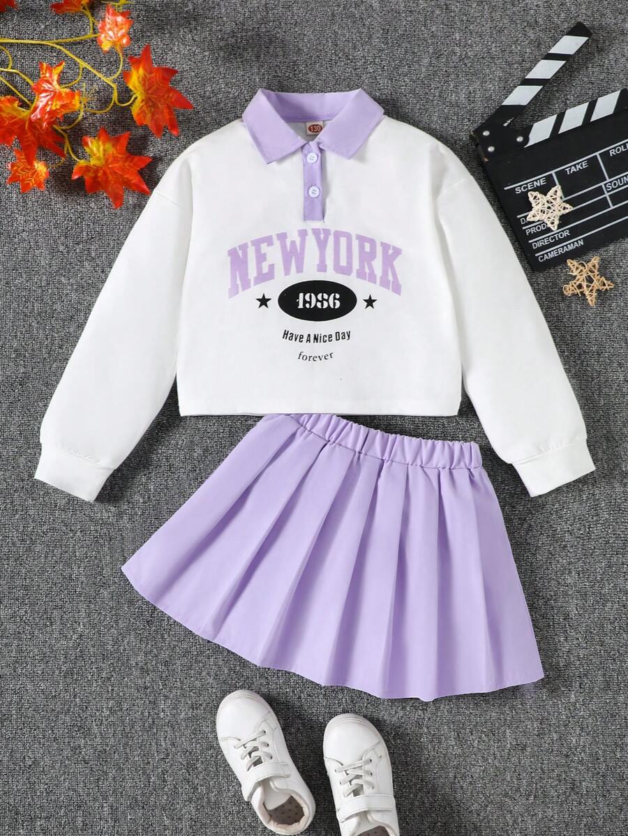 青少年女孩时尚“纽约”印花马球领长袖上衣和百褶裙套装，开学最佳礼物