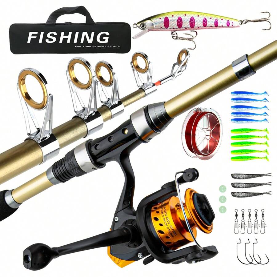 1.8M2.1M Fishing Rod And Ree Combo Telescopic Fishing Rod Carbon Fibre Reel Max Drag 18kg Tor Saltwater Rreshwater Beach Fishing - Gold - View 1