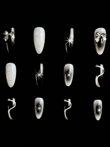 立即升级您的外观与 24 件街头简约休闲日常 Y2K 摇滚哥特黑、白、银系列 3D 金属蝴蝶结黑白光晕染色银色流体金属图案八角星光 3D 星星装饰水钻装饰中号杏仁假指甲套装，按压指甲，适合具有酷炫帅气个性的女性和女孩，音乐节必备美甲用品指甲 - 黑與白 - 查看 6