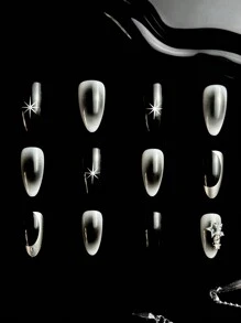 立即升级您的外观与 24 件街头简约休闲日常 Y2K 摇滚哥特黑、白、银系列 3D 金属蝴蝶结黑白光晕染色银色流体金属图案八角星光 3D 星星装饰水钻装饰中号杏仁假指甲套装，按压指甲，适合具有酷炫帅气个性的女性和女孩，音乐节必备美甲用品指甲 - 黑與白 - 查看 4