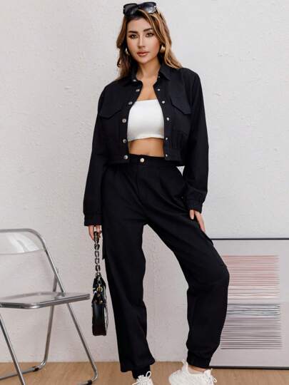 Okay Conjutno de 2 piezas, Cazadora con solapa con bolsas en el pecho y pantalon de cargocon bolsas en los costados