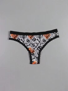 Dircho 5pcs Women Sexy Cute Gothic Contrast Lace Thongs, Halloween White Black Eyeballs & Skulls & Stars & Bats Allover Print Comfy Silky Intimates Panties, Women's Underwear & Lingerie