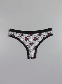 Dircho 5pcs Women Sexy Cute Gothic Contrast Lace Thongs, Halloween White Black Eyeballs & Skulls & Stars & Bats Allover Print Comfy Silky Intimates Panties, Women's Underwear & Lingerie