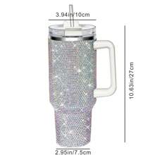 1pc 40 Oz Tumbler With Handle And Straw Lid, Studded Bling Diamond Tumbler, Stainless Steel Insulated Water Cup, Double Wall Travel Mug Fix For Car Cup Holder For Women - 粉色 - 查看 3