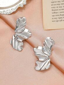 1 Pair Elegant Metal Leaf Shaped Stud Earrings, Minimalist Floral Design, Suitable For Daily Wear - Silver - View 2