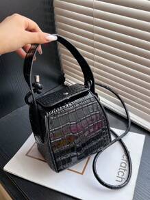 Mini Handbag With Detachable Strap, Black Crocodile Texture Crystal Cube Bag - Black - View 2
