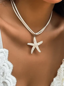 1pc Bohemian Rainbow Shell & Starfish Decor Necklace, Suitable For Daily Wear - White - View 1