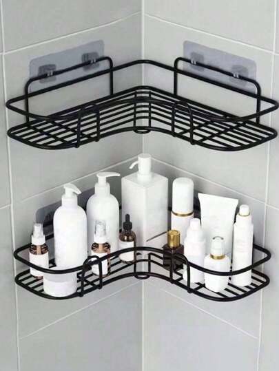 1 pieza Estante de almacenamiento multifuncional autoadhesivo con triángulo y rectángulo negro para baño, cocina, maquillaje, ducha con soporte de pared de acero inoxidable