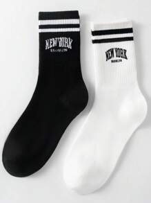 2 双男士中筒袜，印有“new York”字母，黑白条纹，防臭吸湿，时尚休闲圆领袜，适合日常生活，秋季 - 黑與白 - 查看 8