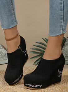 Thick-Sole Platform Zipper Suede Embroidered Velvet Short Boots For Women, Super High Heel, Waterproof, Comfortable, All-Match - Black - View 5