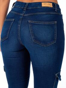 Women's Stretch Denim Cargo Pants Bell-Cut - 深色水洗藍 - 查看 9