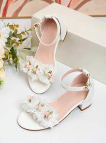 1 par de Sandalias decorativas con flores de tacón alto de moda nuevas para el verano, sandalias de tacón alto para baile de niñas, sandalias para actividades diarias y de actuación de estudiantes - Blanco - Ver 7