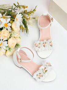 1 par de Sandalias decorativas con flores de tacón alto de moda nuevas para el verano, sandalias de tacón alto para baile de niñas, sandalias para actividades diarias y de actuación de estudiantes - Blanco - Ver 3
