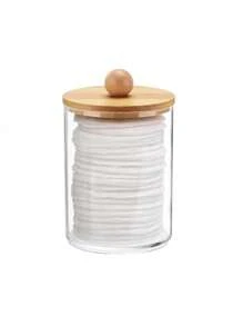 3件透明收纳盒，化妆清洁棉签收纳盒，多功能储物罐，带竹盖+托盘，适用于度假海滩、浴室收纳、卧室收纳，大容量